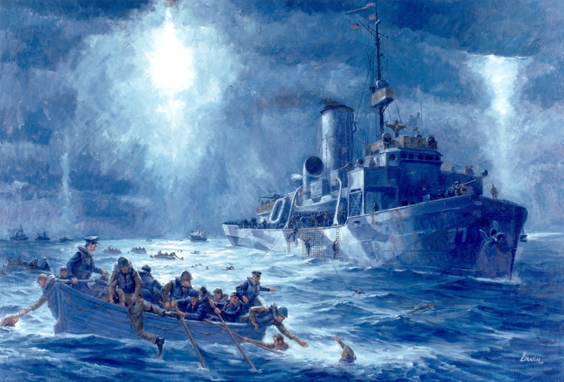 U.S. Coast Guard painting of tethered rescue swimmers from USCGC Escanaba recovering survivors of USAT Dorchester in the North Atlantic in 1943