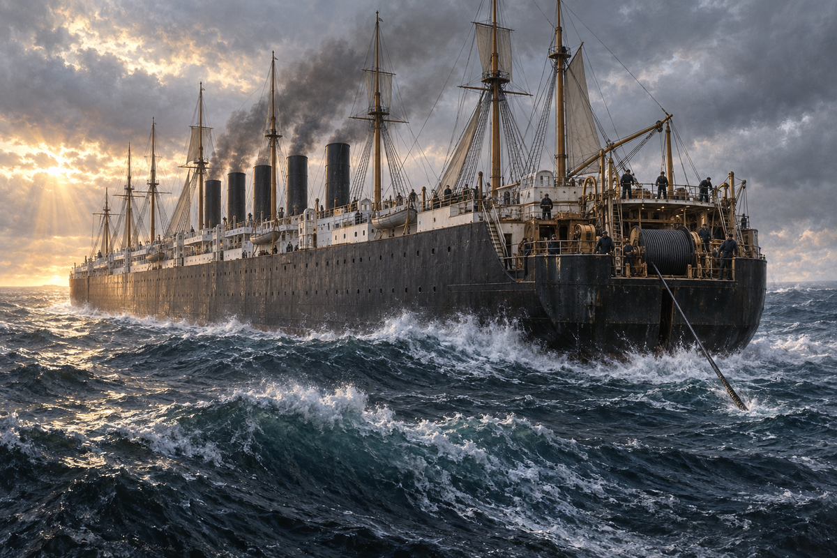 Original illustration of Great Eastern laying the transatlantic telegraph cable in the North Atlantic in 1866