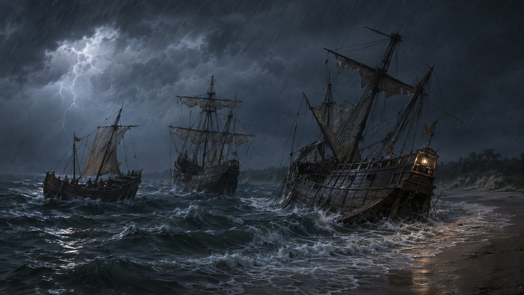 Three 16th-century Spanish ships struggle in a hurricane in Pensacola Bay, representing the wreck of Tristán de Luna’s fleet in 1559.