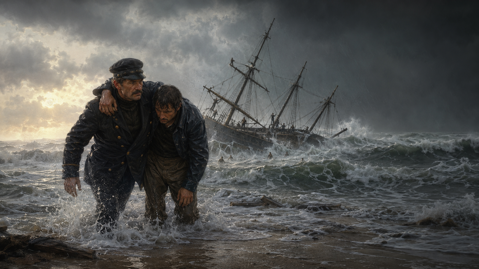 Surfman Rasmus Midgett rescuing a shipwrecked sailor from the Priscilla during an 1899 Outer Banks hurricane