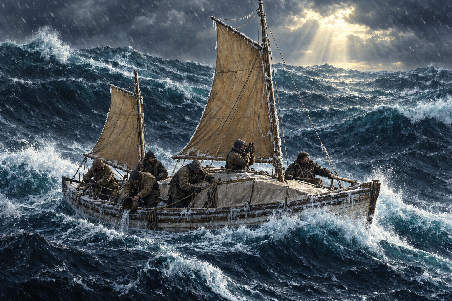 Historical illustration of Shackleton and five crewmen sailing the ice-covered James Caird through towering Southern Ocean waves in April 1916