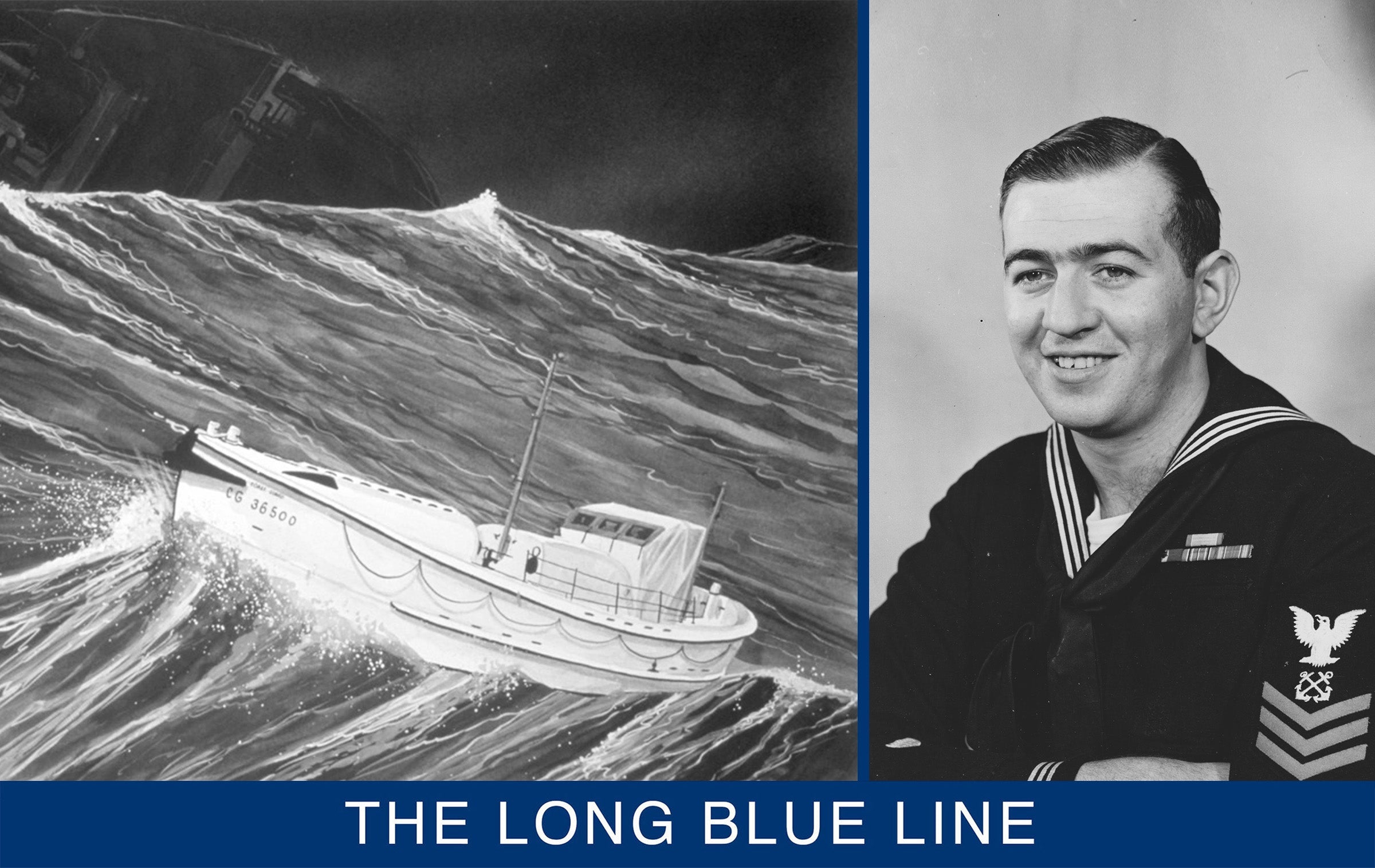 Coast Guard coxswain Bernie Webber beside a painting of motor lifeboat CG-36500 approaching the broken tanker Pendleton in heavy seas