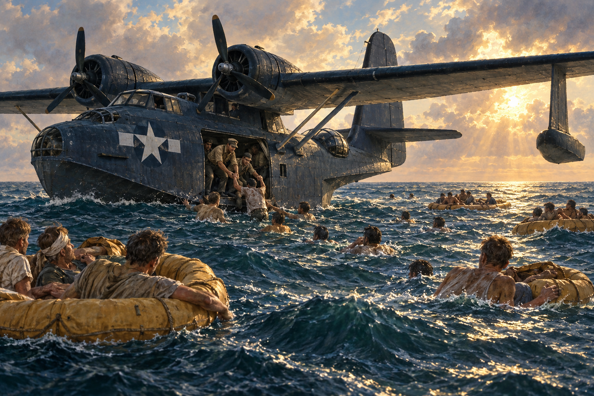 Illustration of a Navy PBY Catalina rescuing USS Indianapolis survivors in the Philippine Sea on August 2, 1945