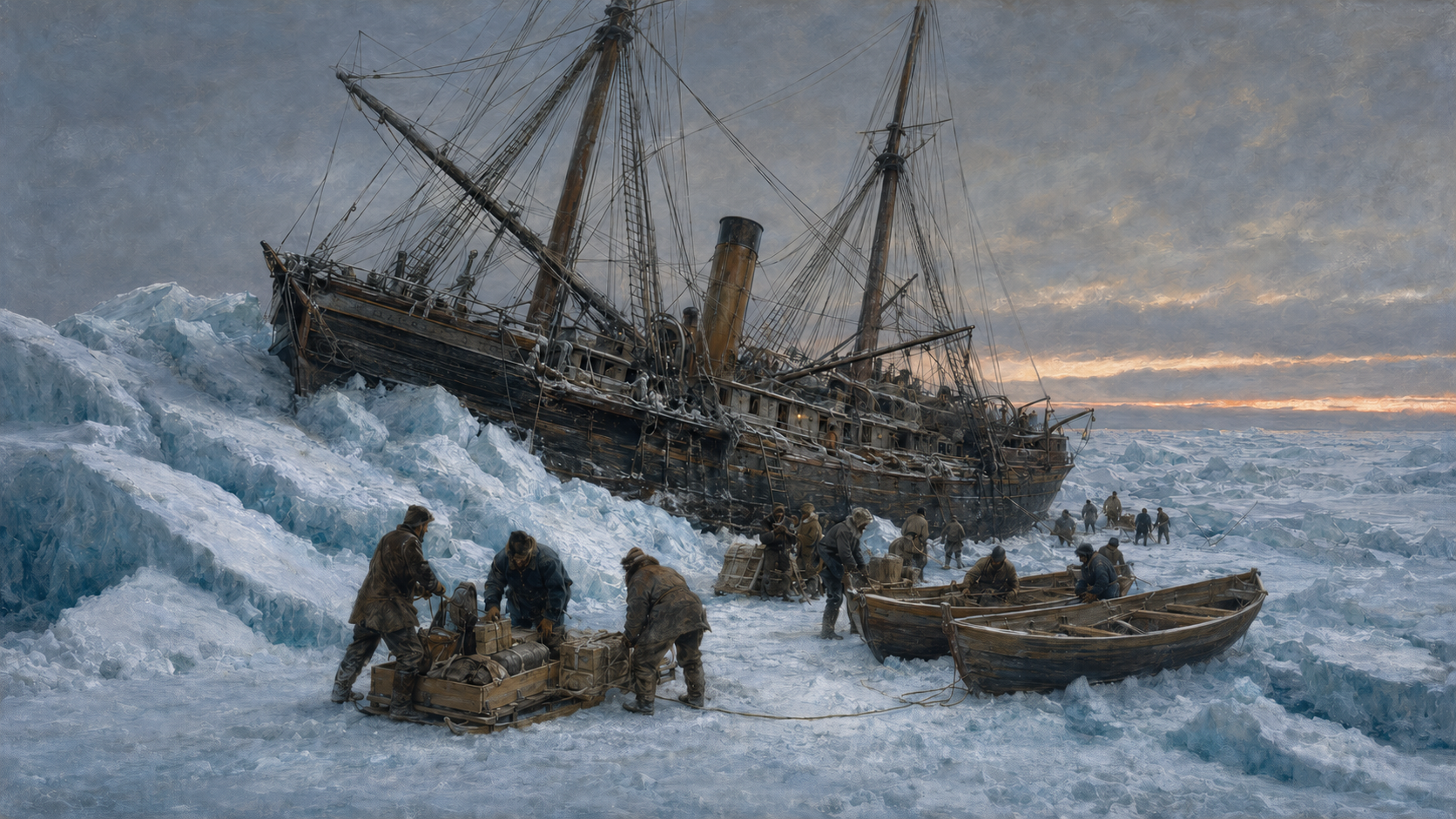 The steam bark USS Jeannette is crushed in Arctic pack ice while her crew unloads boats, sledges, and provisions in June 1881.