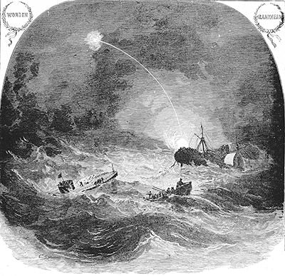 Historic engraving of USS Monitor sinking off Cape Hatteras as USS Rhode Island rescues the crew