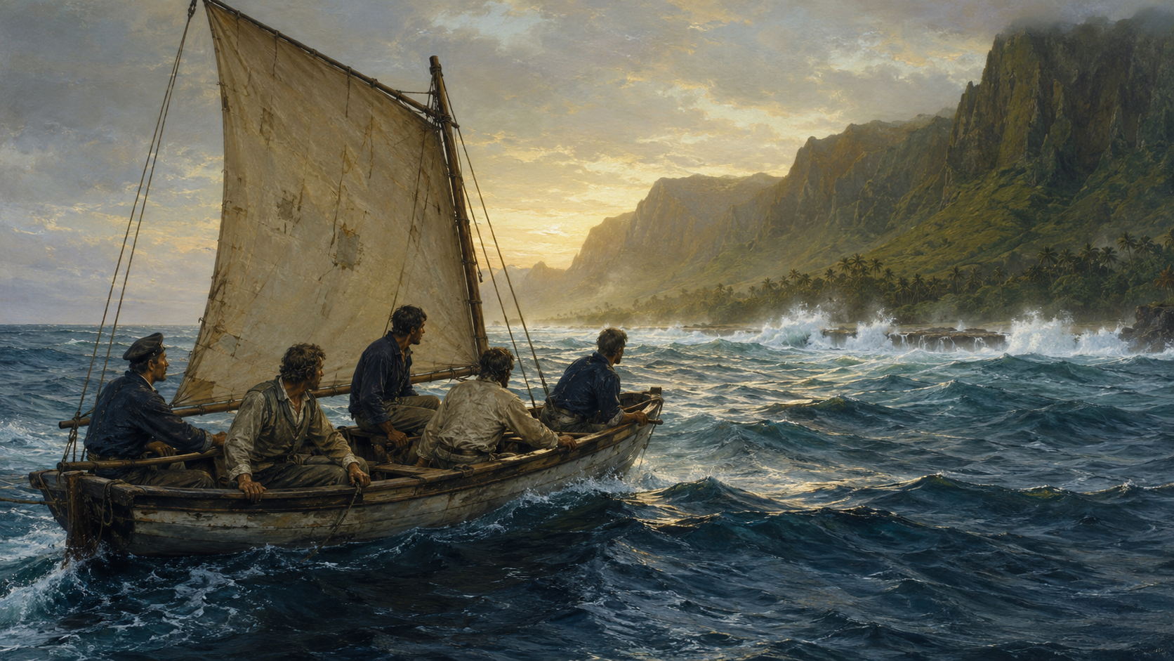 Original historical illustration of five USS Saginaw sailors approaching Kauai in the ship’s gig after 31 days at sea in December 1870