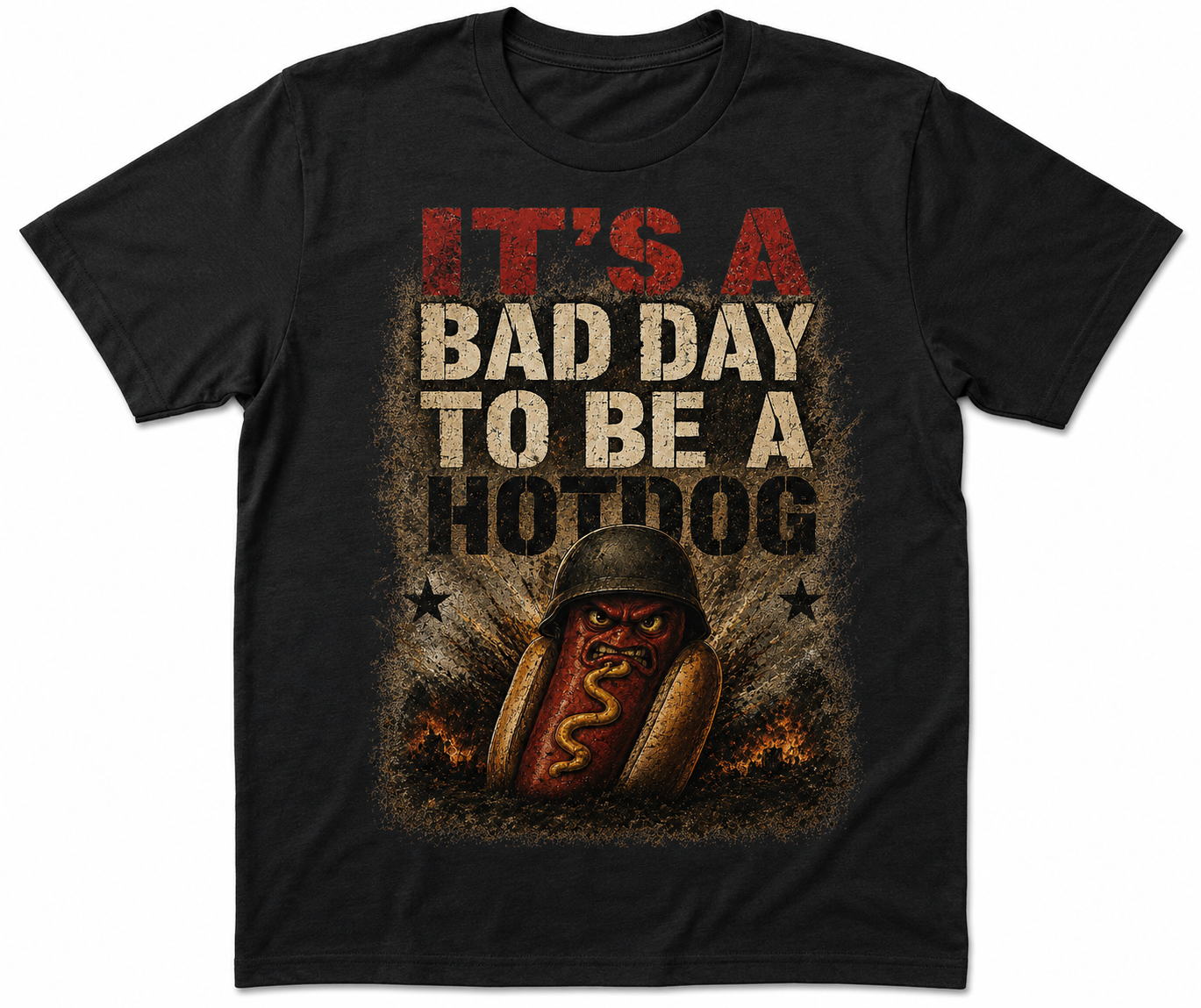 It's a Bad Day to Be a Hotdog military-style graphic T-shirt on black Gildan Softstyle