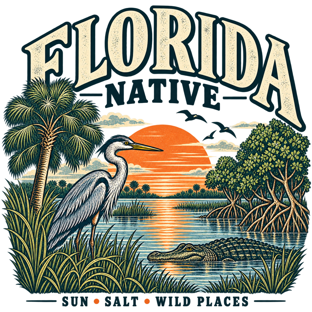 Florida Native Sun Salt Wild Places heron alligator sunset artwork