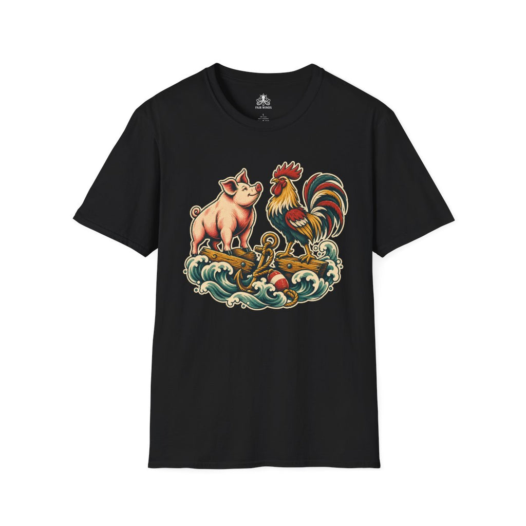 Sailor's Luck pig and rooster tattoo T-shirt in black
