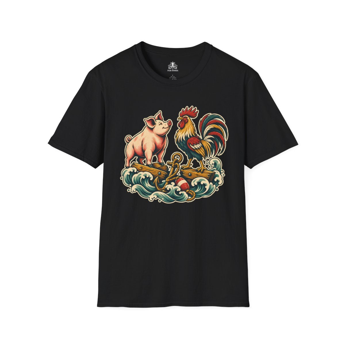 Sailor's Luck pig and rooster tattoo T-shirt in black
