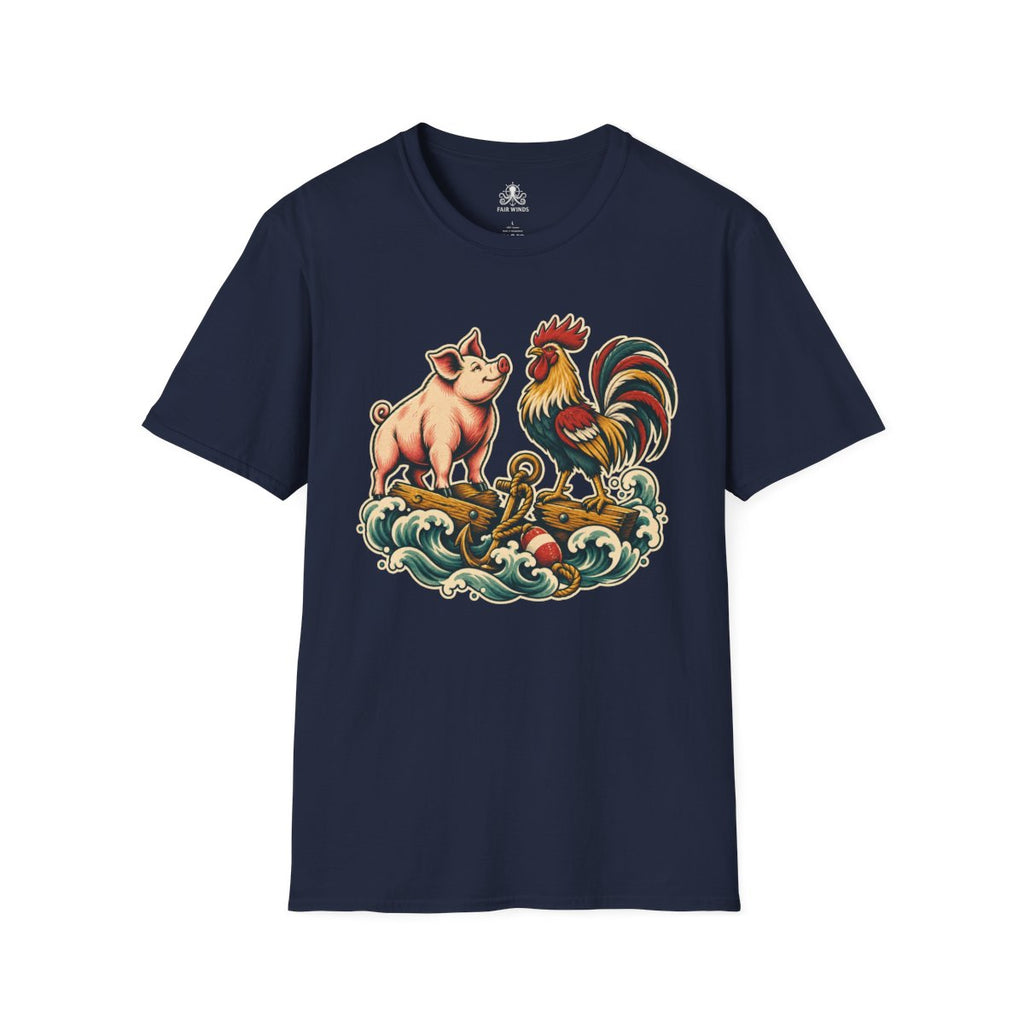 Sailor's Luck pig and rooster tattoo T-shirt in navy