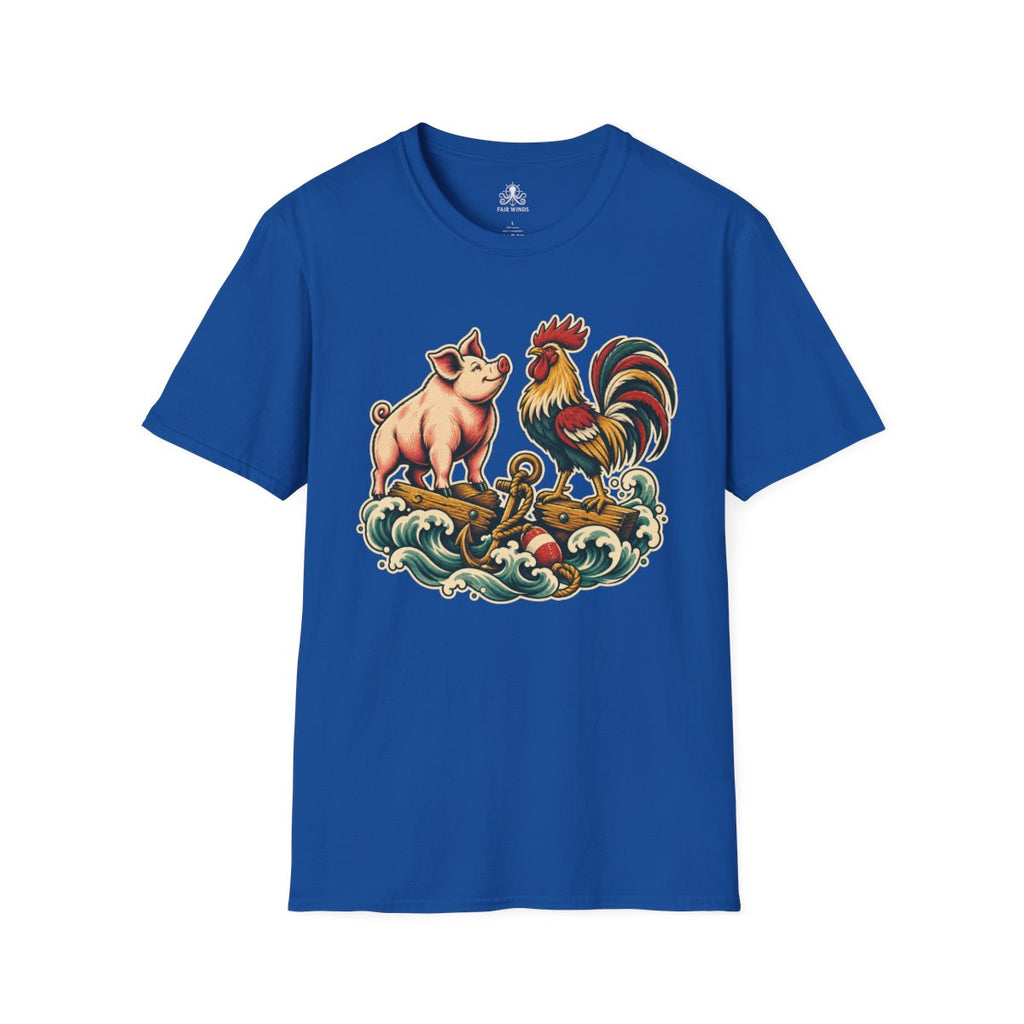 Sailor's Luck pig and rooster tattoo T-shirt in royal blue