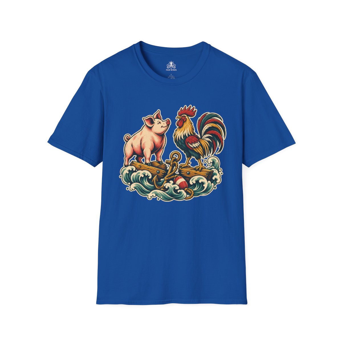 Sailor's Luck pig and rooster tattoo T-shirt in royal blue