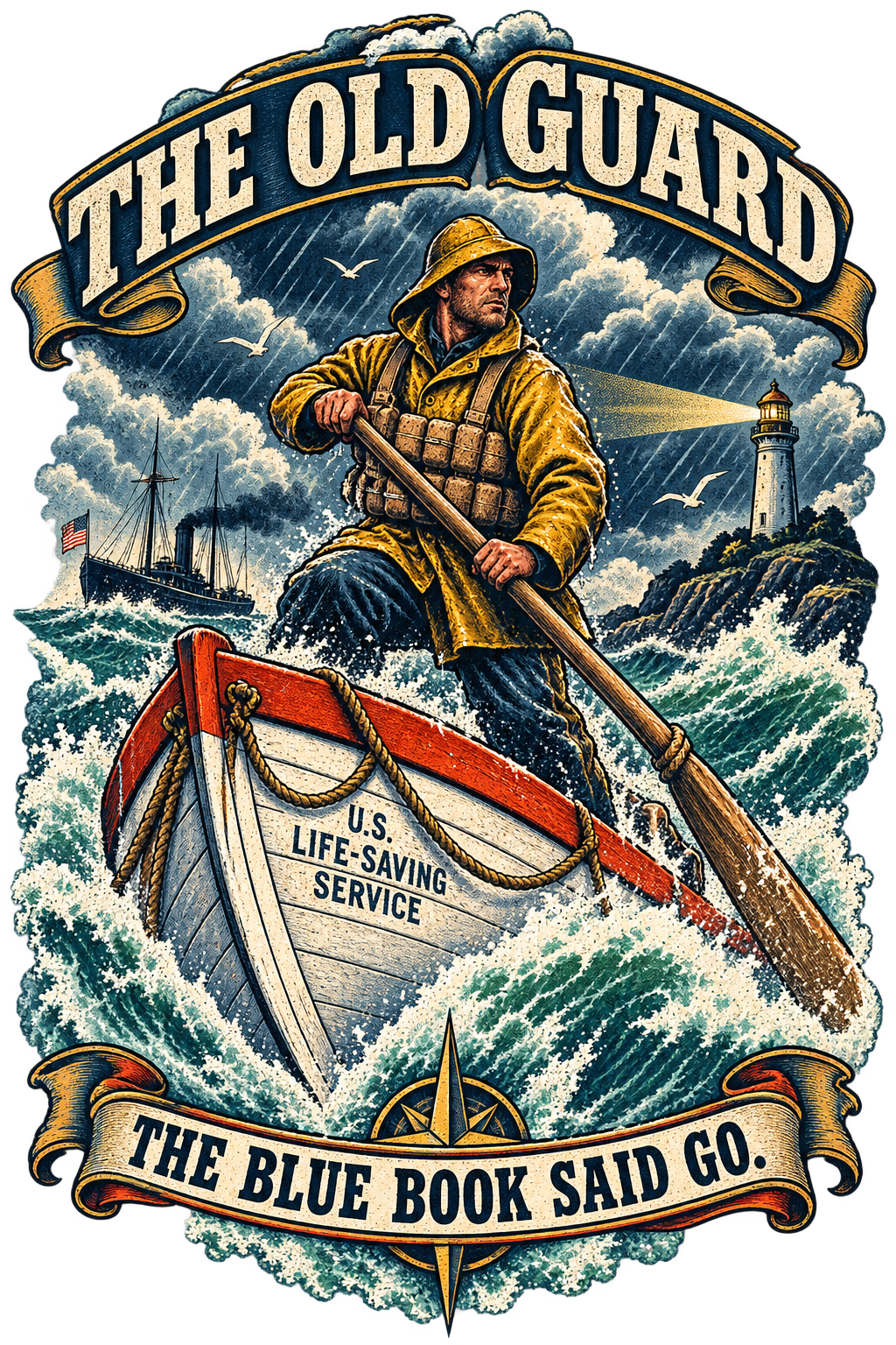 The Old Guard maritime heritage design featuring a historic Life-Saving Service surfman